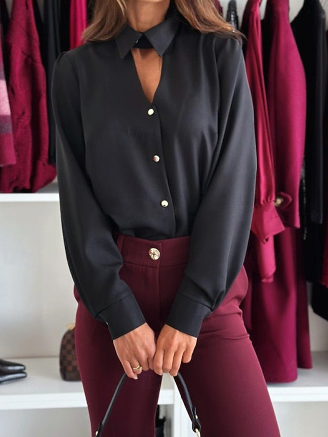Women's Shirt Elegant Satin Top Blouse Hollow Out Buttons