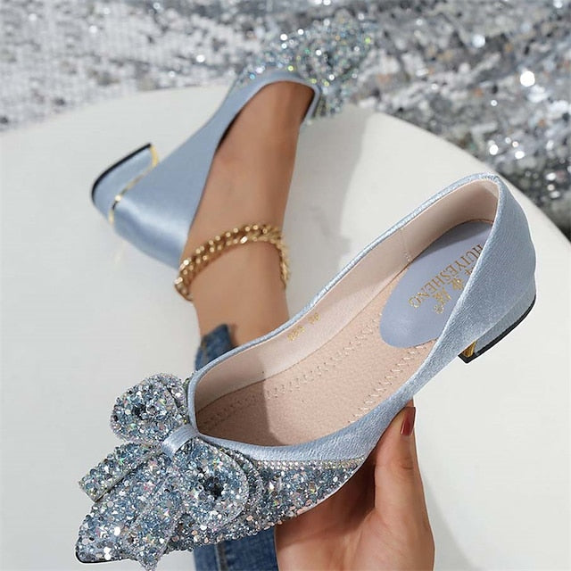 Bow - Glitter Rhinestone Elegant Flats with Women's Detail