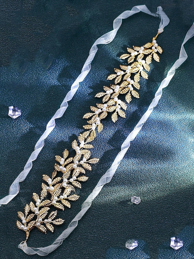 – Bridal Belt Elegant Leaf Pearl with Gold Accents