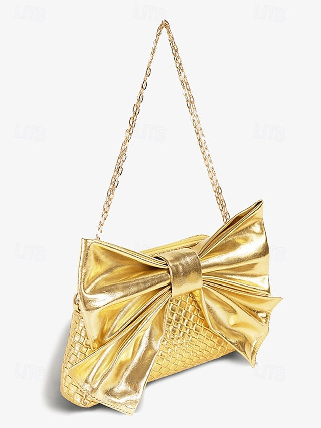 with Faux Leather Clutch Bow Gold Bag Oversized Women's