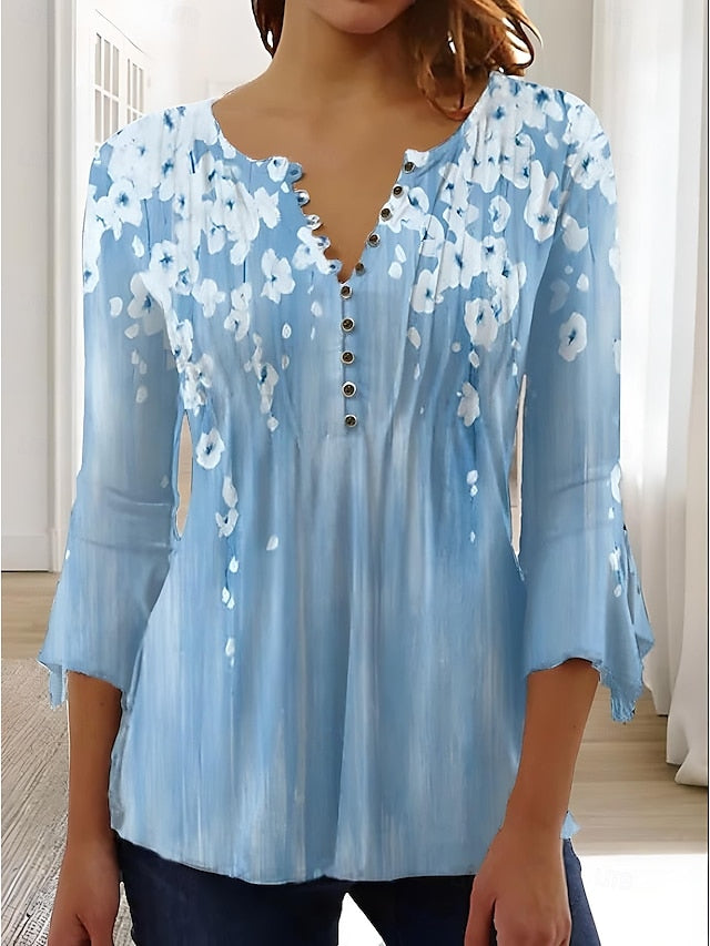 Women's T-Shirt  V Neck Ombre Floral Graphic Elegant 3/4