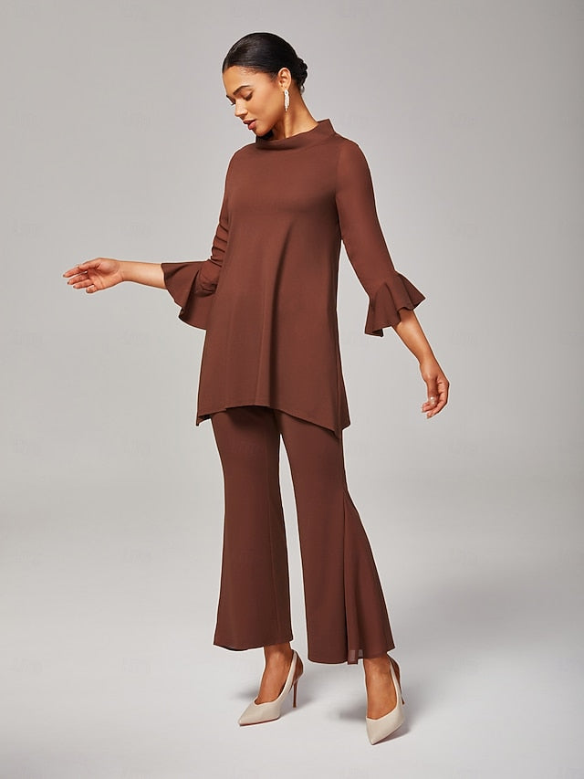 Women's Blouse Coffee Brown Chiffon Modal Slim Fit Sheer