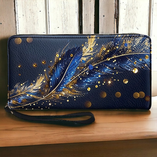 Portefeuille femme grande capacité doré à imprimé plumes
