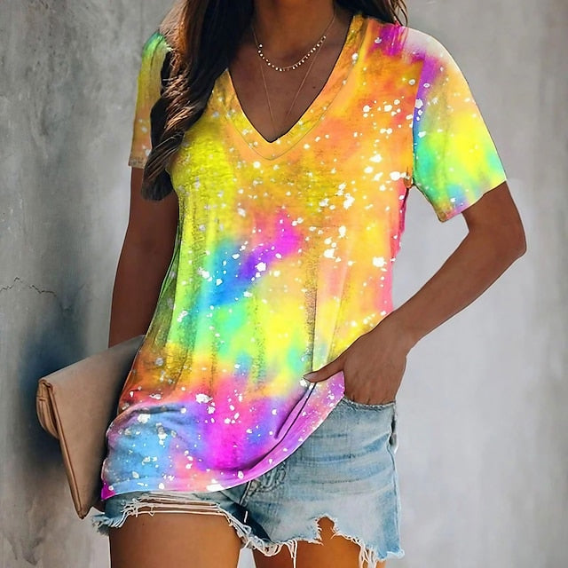 Women's T Shirt Print Tie Dye Basic Short Sleeve V Neck
