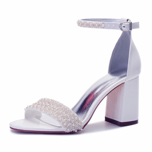 Ankle Block White Ivory Strap Embellished Women's Pearl