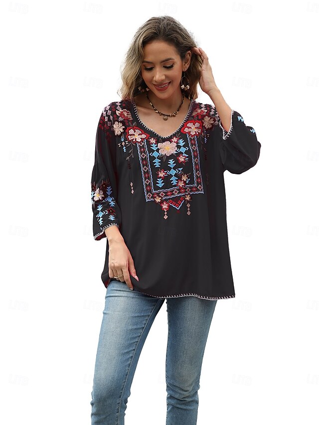 Women's Boho Shirt Embroidered Solid Color Floral Bohemia
