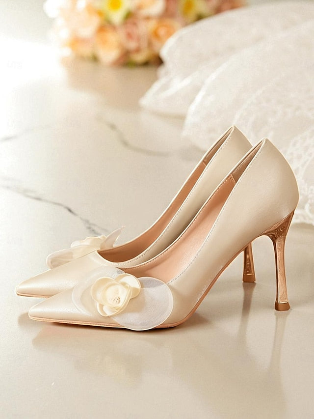 Floral Pointed Heels Wedding Satin Elegant - Women's Ivory