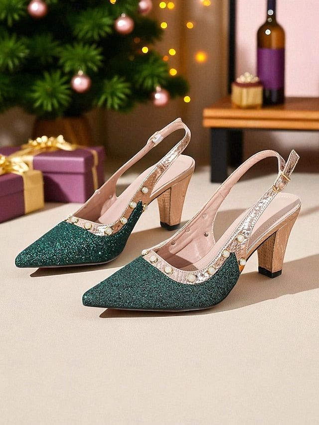 Strap Gold Heels with High Women's Green Slingback Glitter