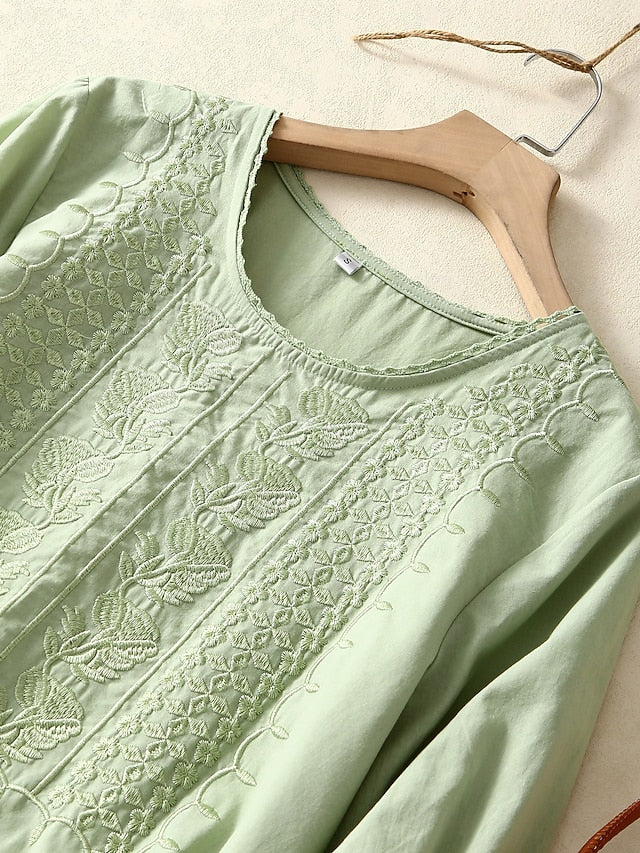 Women's Shirt Embroidered Solid Color Floral Casual Boho