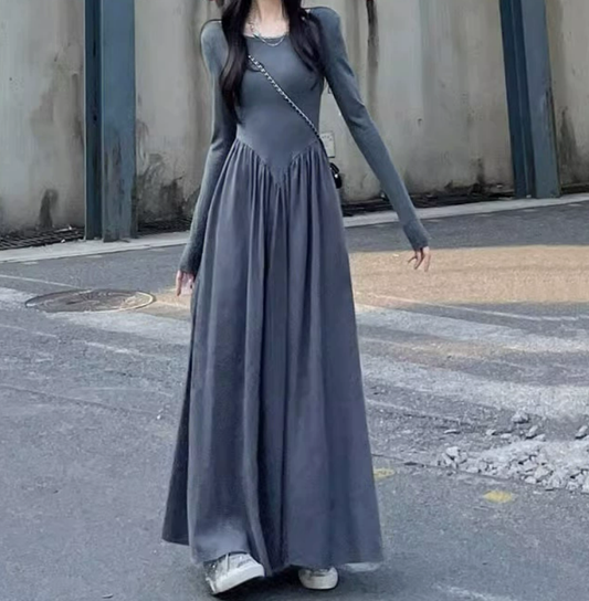 Original Grey O Neck Wrinkled Patchwork Cotton Dresses Spring HA1043