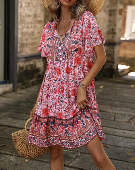 Robe à fleurs coupe régulière style bohème à col en V QM108