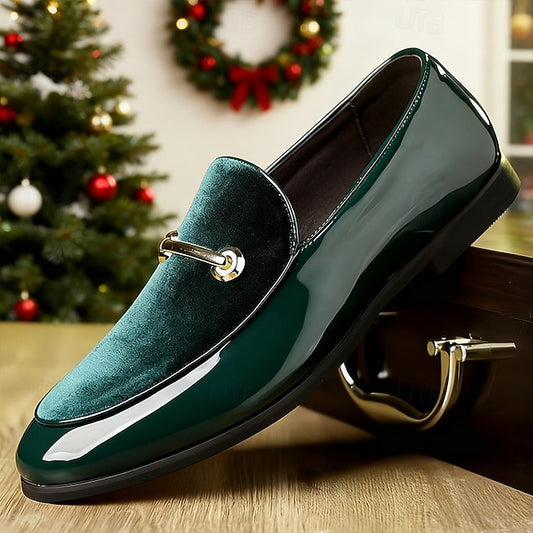 Decorative Loops with Gold Loafers Leather Faux Green Men's