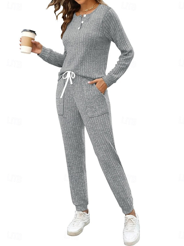 Women's Pants Sets Long Sleeve Crew Neck Solid Color