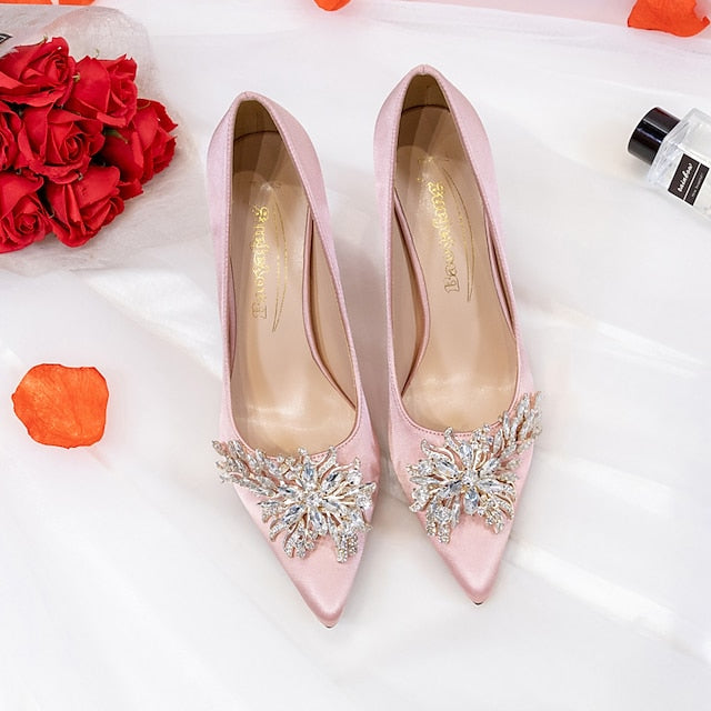 – Rhinestone Satin Heels Elegant High Women's Pink
