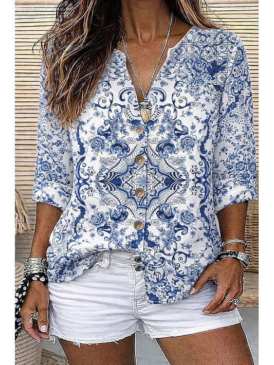 Women's Shirt Tunic Summer Tops Buttons Floral Graphic