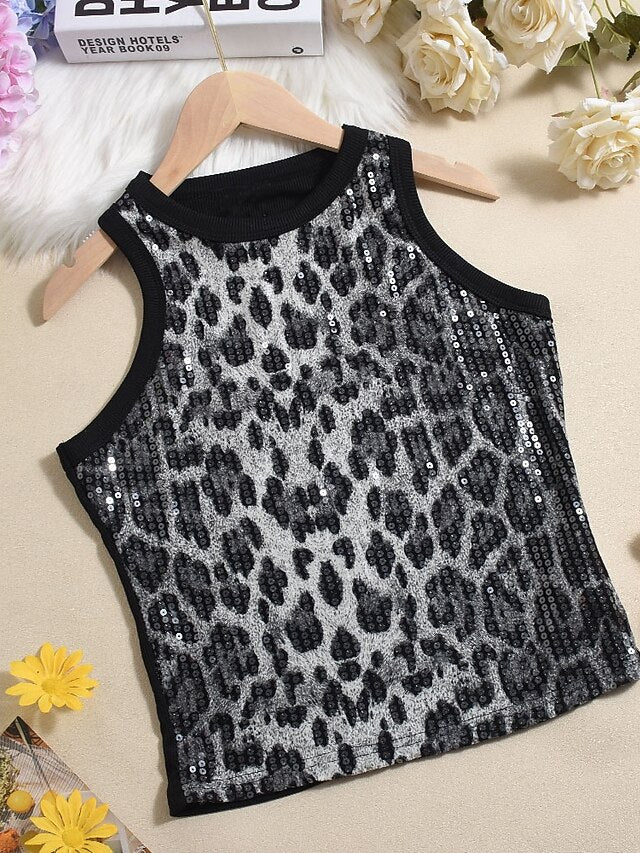 Women's Wrap Crop Top Sequins Leopard Stylish Casual