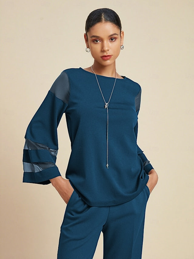 Women's Top Blue Crew Neck Long Sleeve 3/4 Length Sleeve
