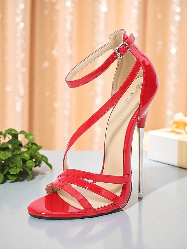 Red Stiletto Strappy High Sandals Heels Patent PU - Women's