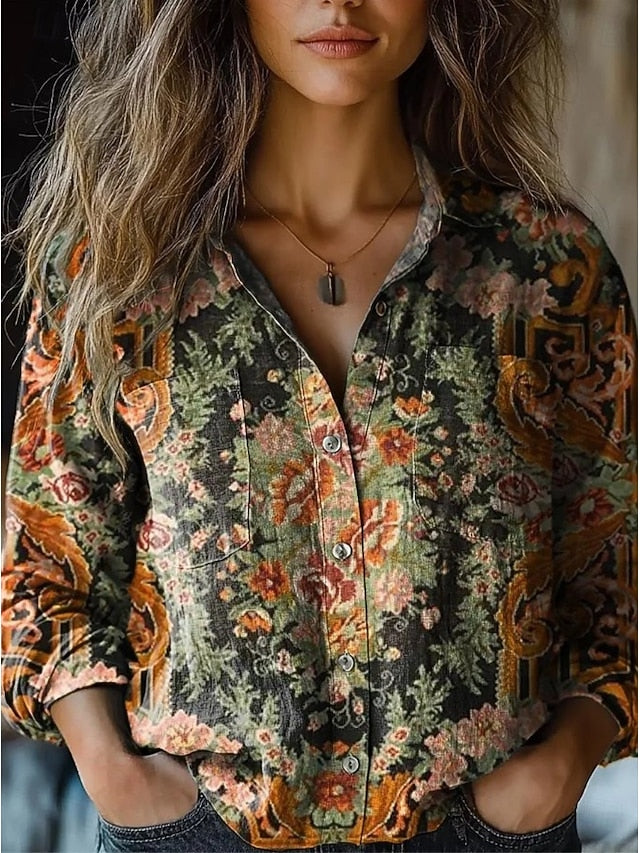 Women's Shirt Pocket Buttons Print Floral Ethnic Retro