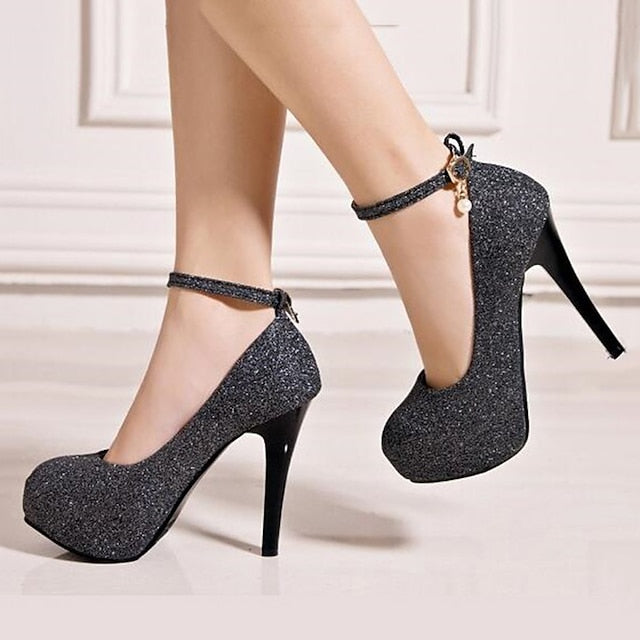 Heels Women's Glitter with Silver Platform Stiletto Ankle