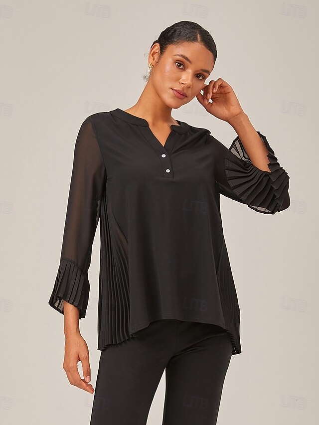 Women's Contrast Design Pleated TENCEL Roma Top Curved Hem