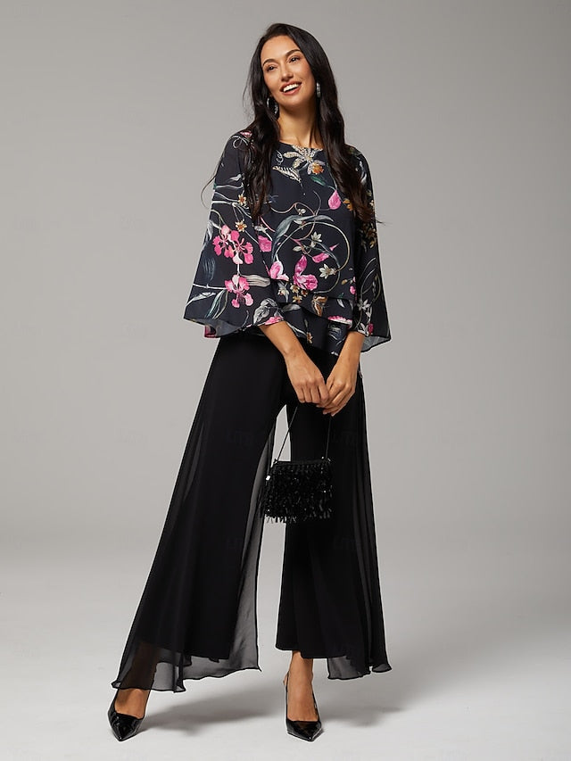 Women's Blouse Black Floral 3/4 Sleeve Loose Round Neck