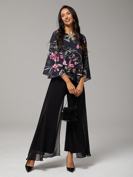 Women's Blouse Black Floral 3/4 Sleeve Loose Round Neck