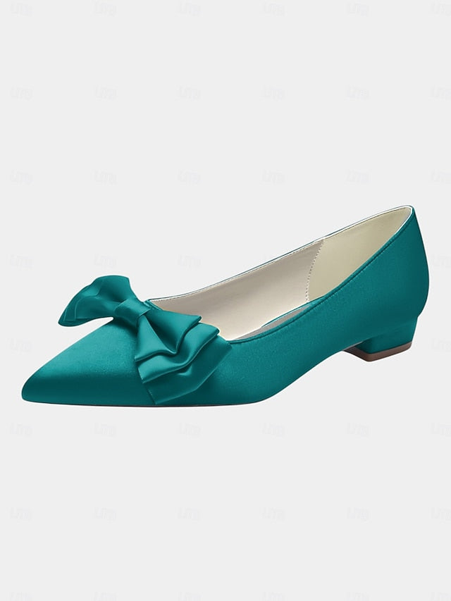 Women's Pointed Satin Bow Green - Flats Toe Elegant