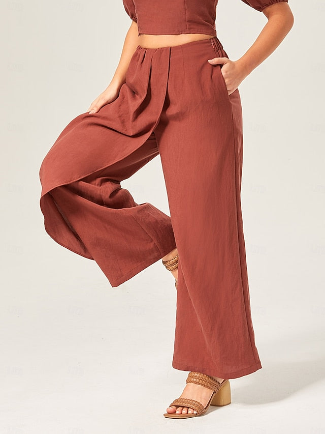 Lyocell-blend Broadcloth Solid Color Loose Long Pants