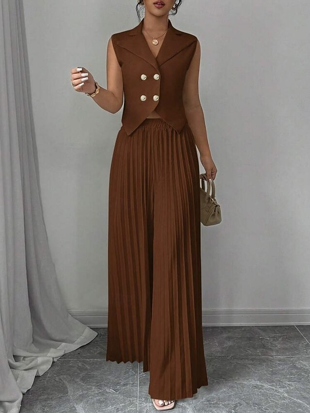 Women's Pants Sets Sleeveless V Neck Solid Color Ruched