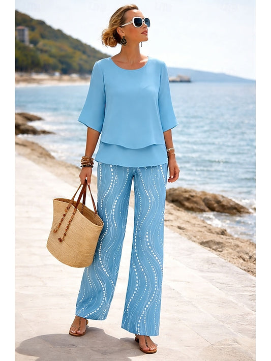 Women's Pants Sets Half Sleeve Butterfly Sleeve Round Neck