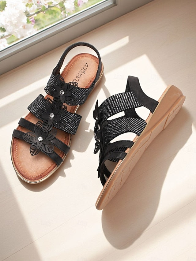 Sandals Elegant Beige – Flat Rhinestone Women's Floral