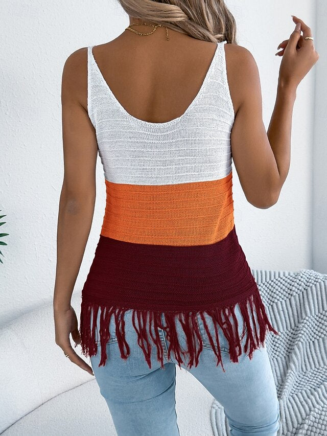 Women's Ribbed Knit Tops Tank Top Tee Top Tassel Color