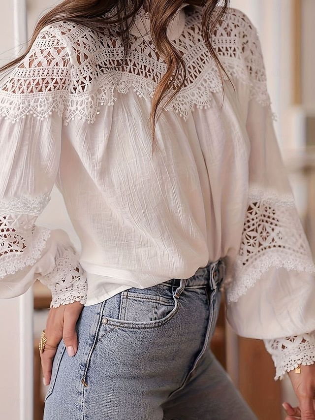 Women's Blouse Lace Solid Color Elegant Stylish Casual Long