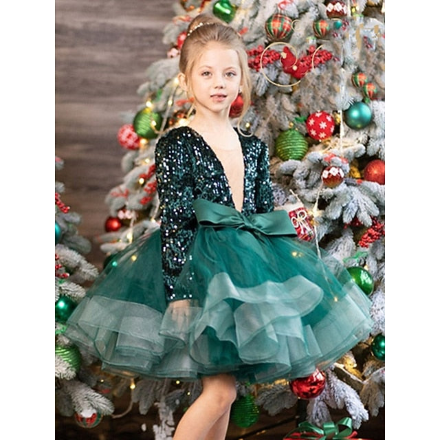 3D Girls' Fall Sleeve Dress Sequin Summer Long Spring