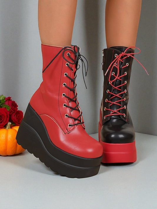 Lace-Up Black Bold Ankle Boots Platform Women's and - Red