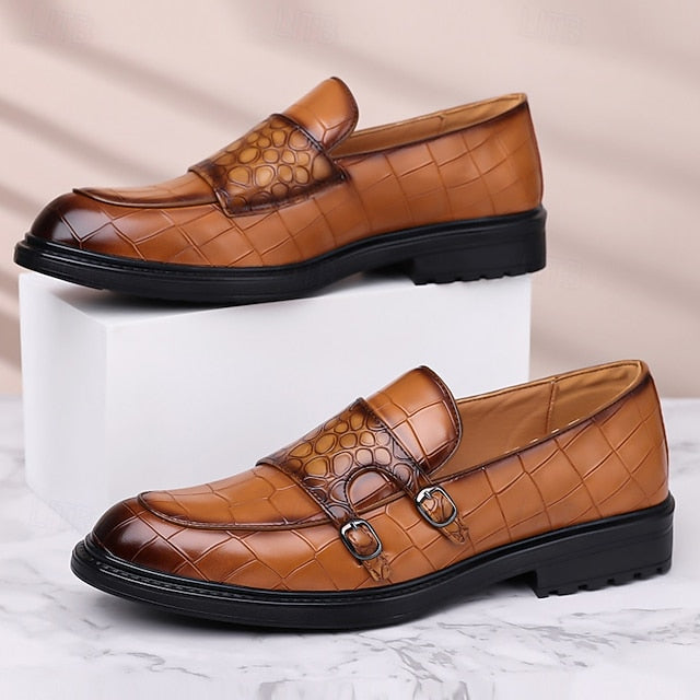 Men's – Leather Loafers Crocodile Brown Pattern with Faux