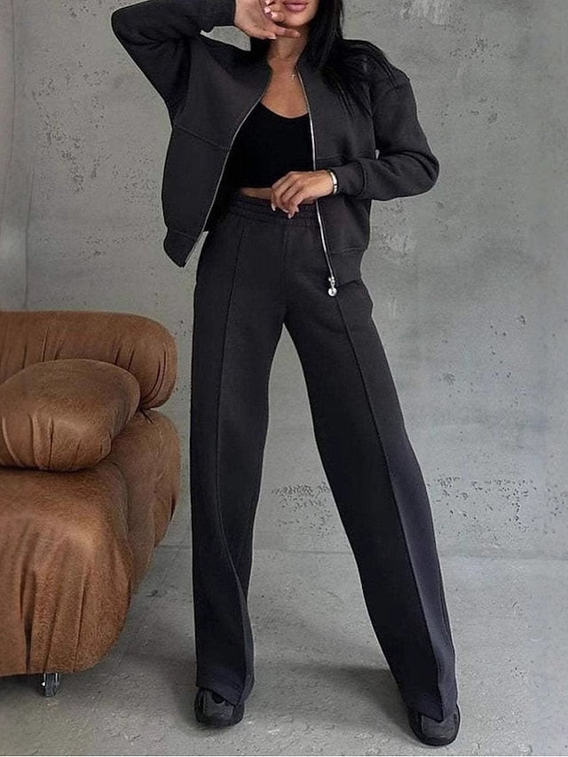 Women's Bolero Top Wide Leg Pants Long Sleeve Solid Color