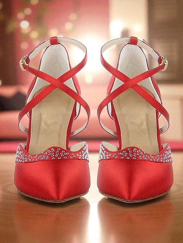 Red Shoes Toe Dance Cross Satin - Women's Closed Ballroom