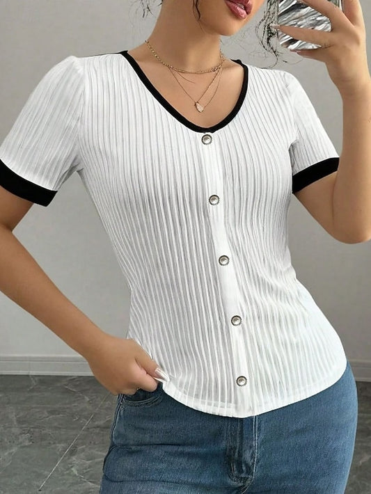 Women's Summer Tops Blouse Patchwork Buttons Color Block