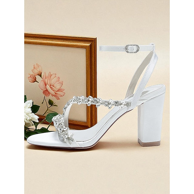 with Rhinestone White Sandals - Block Straps Women's Heel