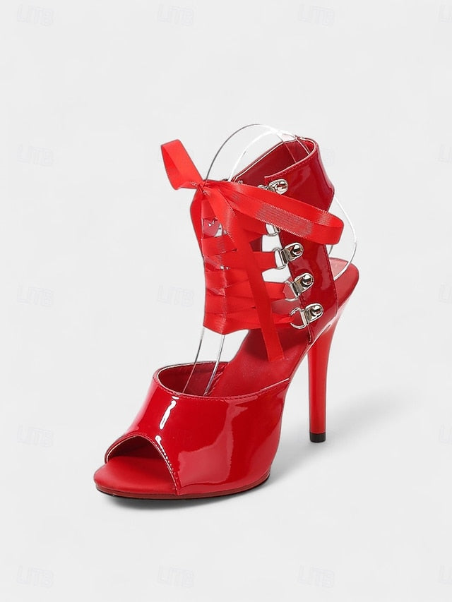 Patent Stiletto Lace-Up Black Sexy Cutout Sandals Women's -