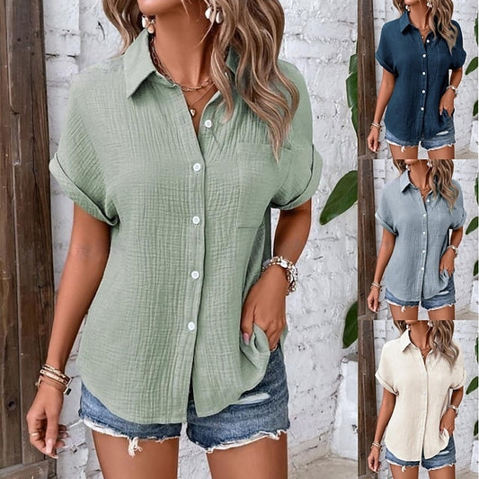 Women's Shirt Button Down Blouse Solid Color Vintage