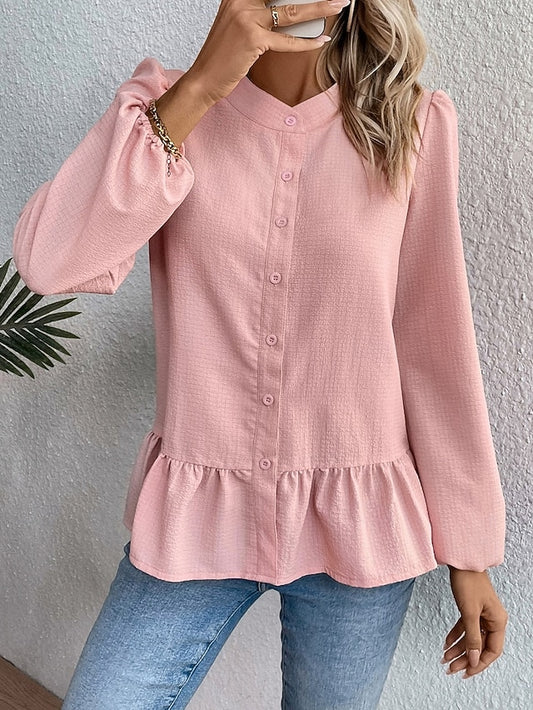 Women's Shirt Blouse Ruffle Blouse Patchwork Buttons Plain