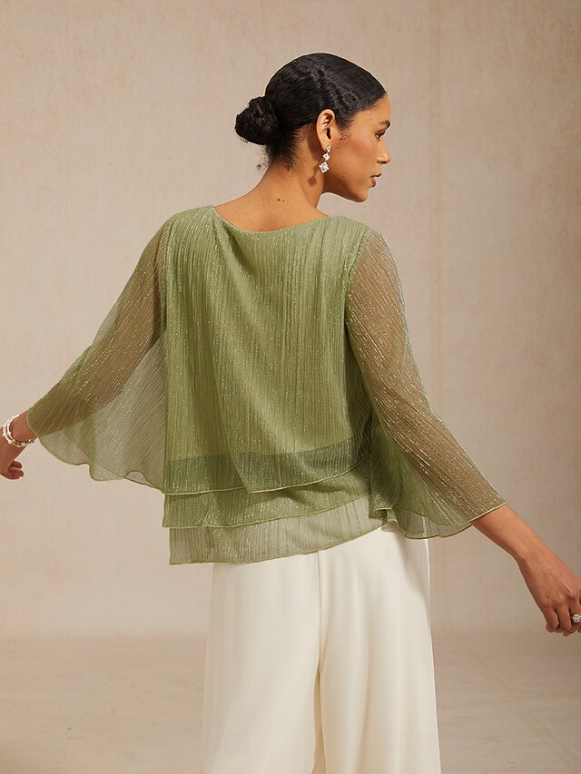 Women's Blouse Chiffon Tops Pleated Layered Metallic