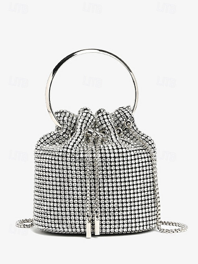 Sparkling Rhinestone Bag with Silver Bucket Women's Metal