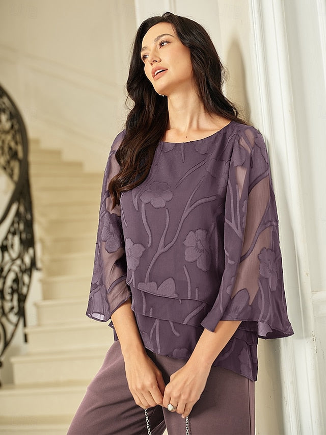 Women's Sheer Blouse Chiffon Tops Lace Asymmetric Hem