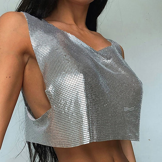 Metallic Sparkle Sexy Crop Tank Top Disco Solid Color Fancy