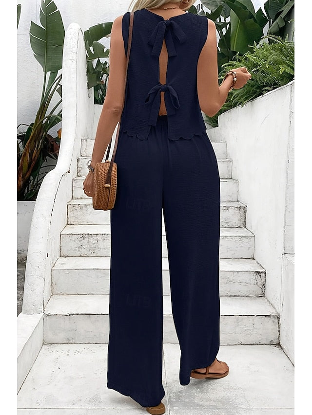 Women's Blouse Pants Sets Sleeveless Crew Neck Solid Color