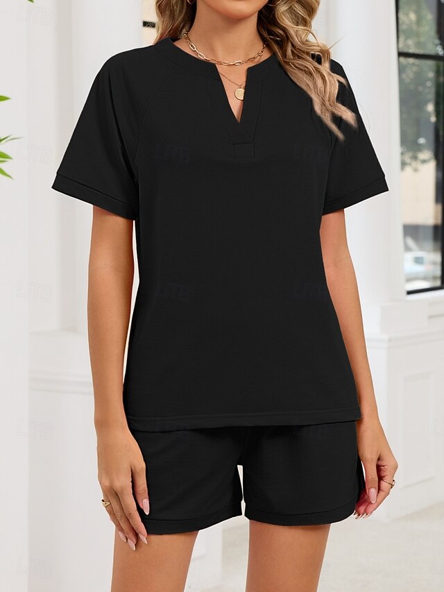 Women's Shorts Sets Short Sleeve V Neck Solid Color Fashion
